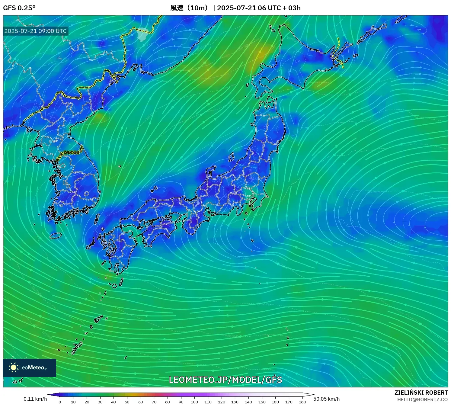 GFS model - 日本, 風速(10m) GFS model - 日本, 風速(10m)