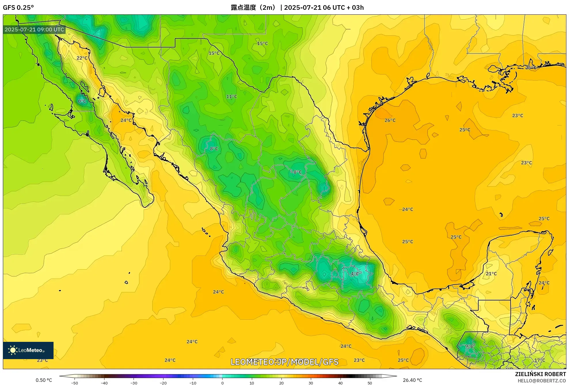 GFS model - メキシコ, 露点温度(2m) GFS model - メキシコ, 露点温度(2m)