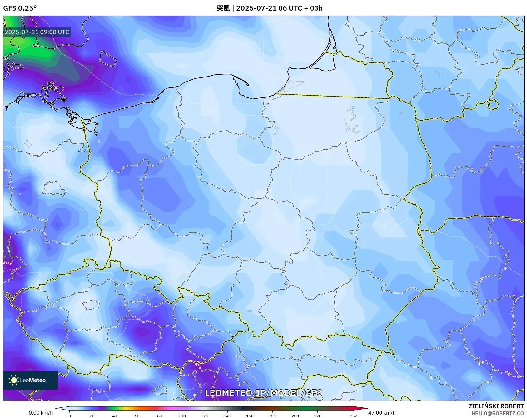 GFS model - ポーランド, 突風 GFS model - ポーランド, 突風