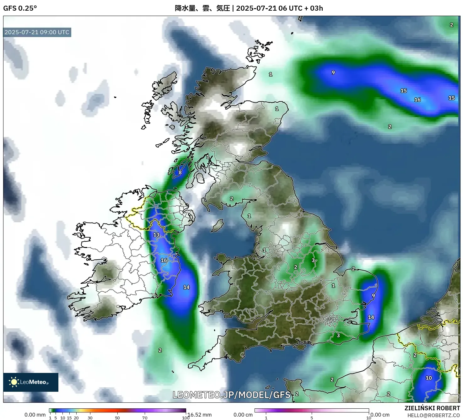 GFS model - イギリス, 降水量、雲、気圧 GFS model - イギリス, 降水量、雲、気圧