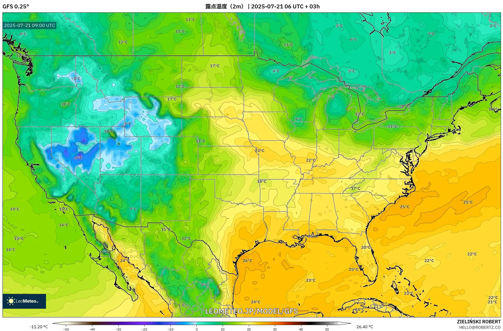 GFS model - アメリカ合衆国, 露点温度(2m) GFS model - アメリカ合衆国, 露点温度(2m)