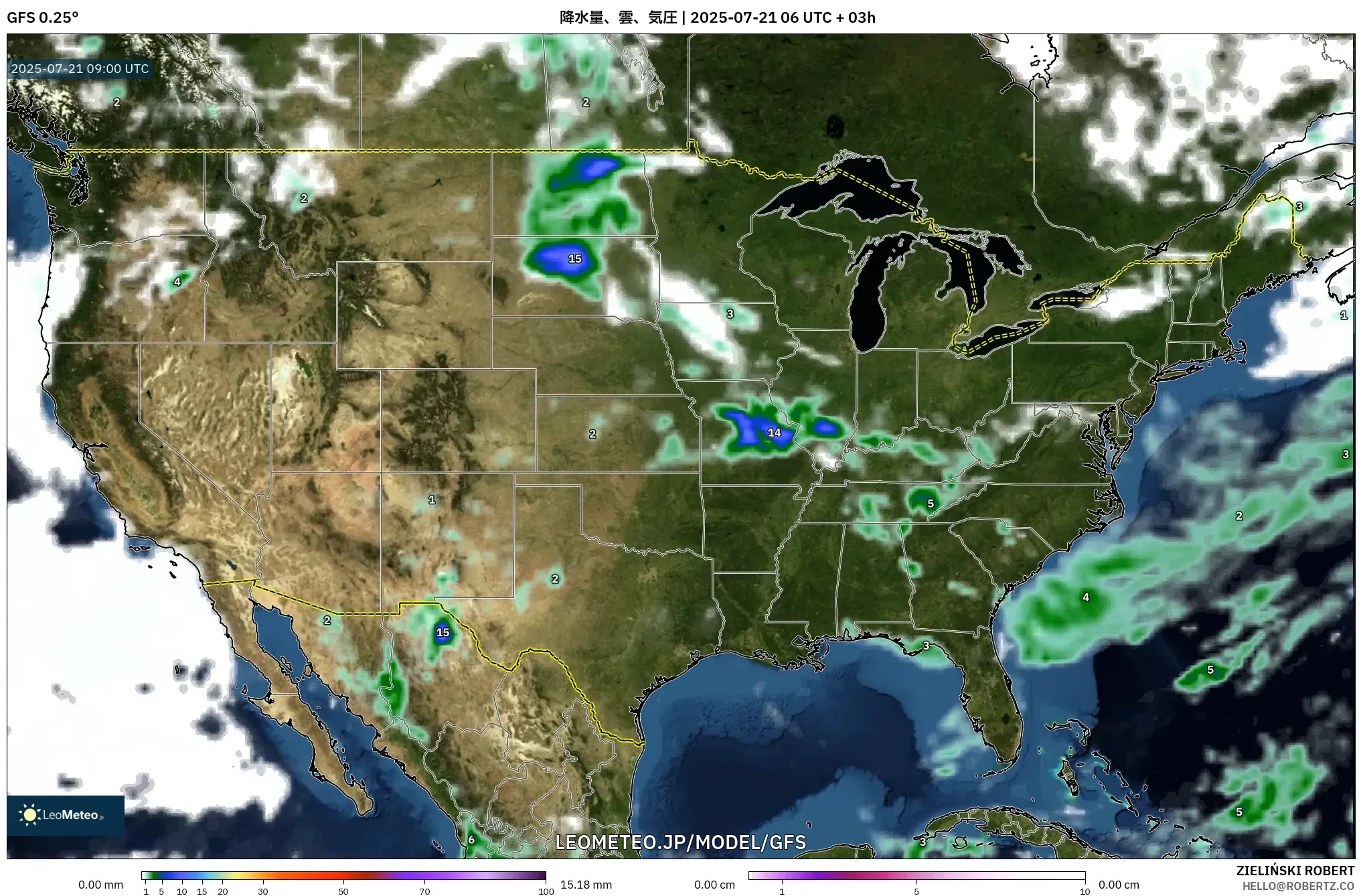 GFS model - アメリカ合衆国, 降水量、雲、気圧 GFS model - アメリカ合衆国, 降水量、雲、気圧