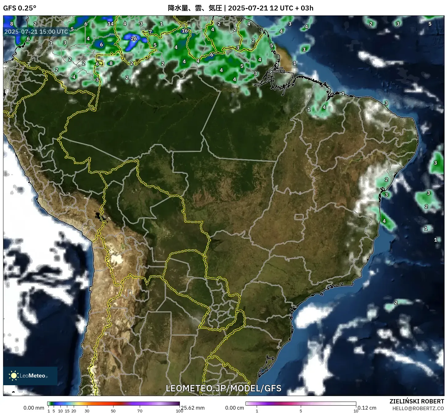 GFS model - ブラジル, 降水量、雲、気圧 GFS model - ブラジル, 降水量、雲、気圧