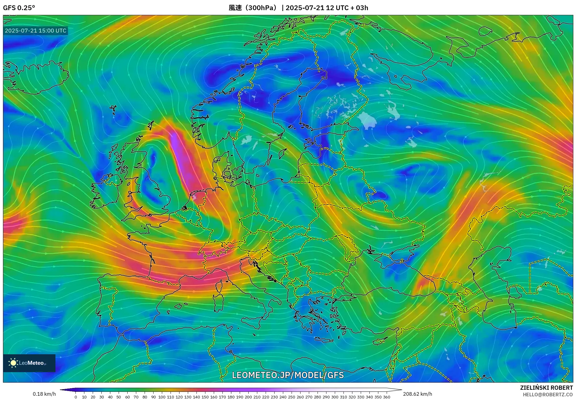 GFS model - ヨーロッパ, 風速(300hPa) GFS model - ヨーロッパ, 風速(300hPa)