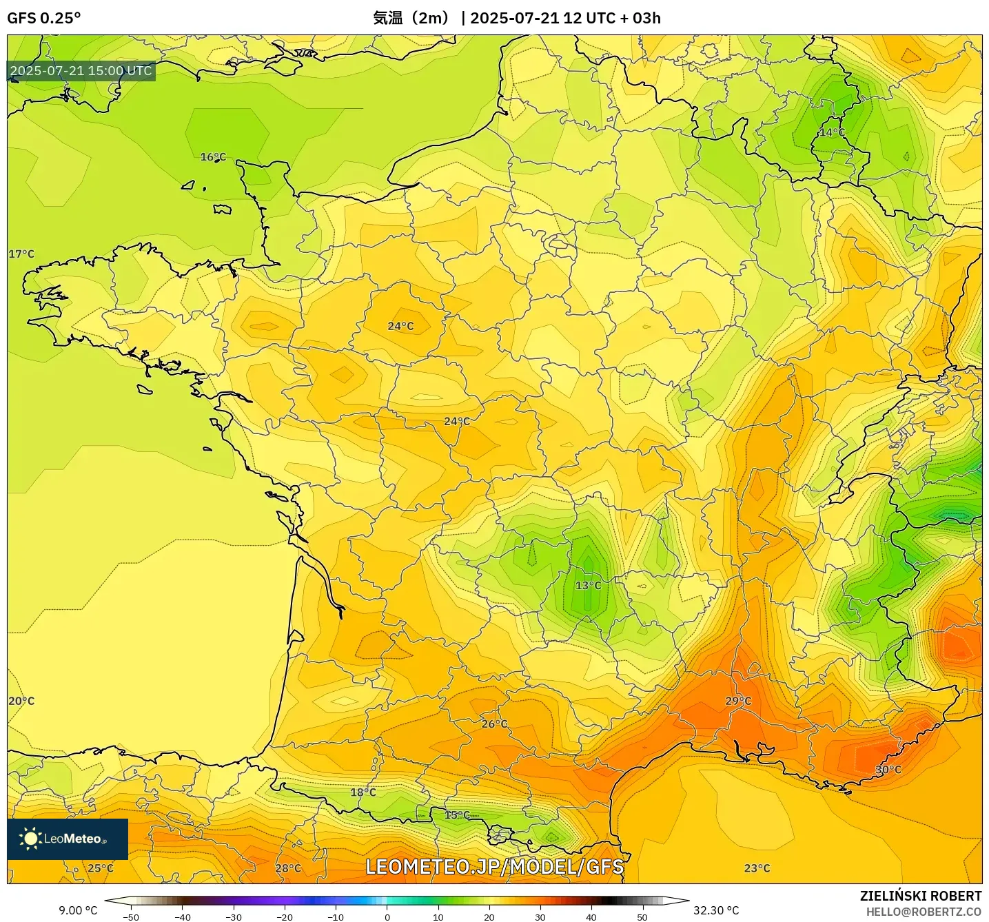 GFS model - フランス, 気温(2m) GFS model - フランス, 気温(2m)