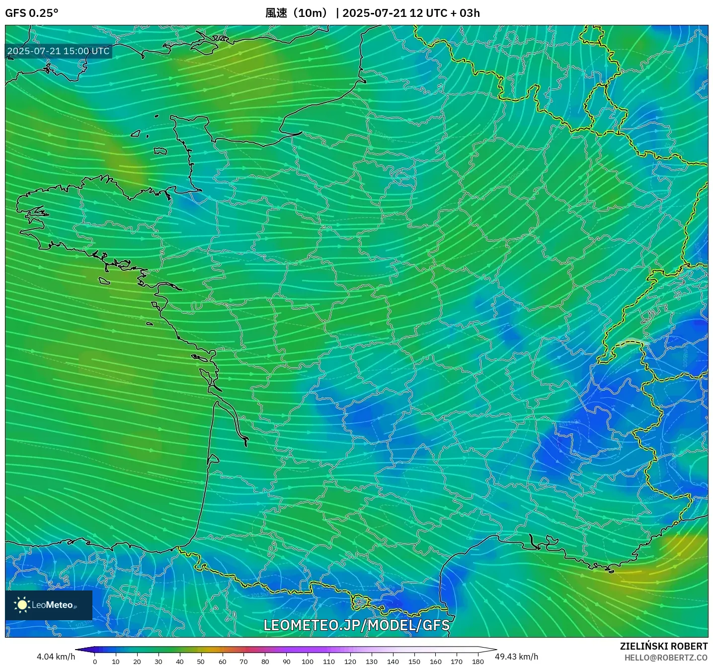 GFS model - フランス, 風速(10m) GFS model - フランス, 風速(10m)
