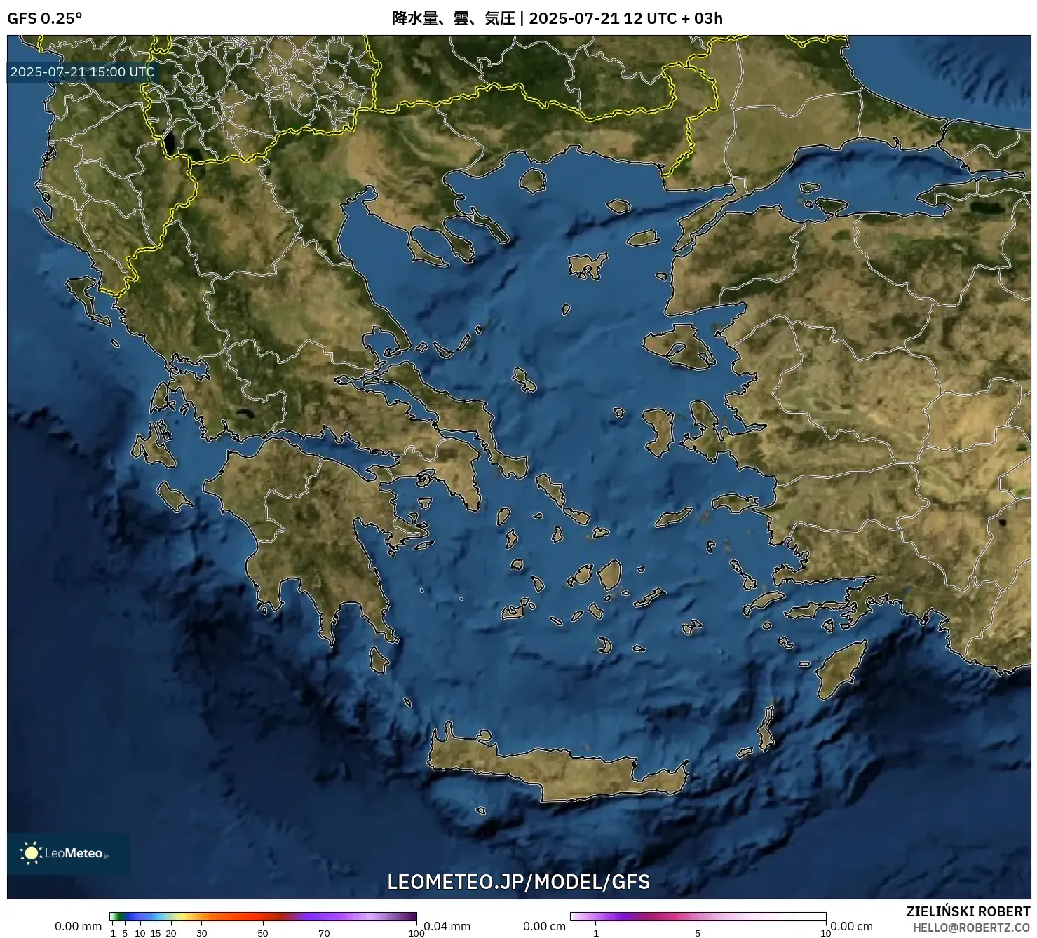 GFS model - ギリシャ, 降水量、雲、気圧 GFS model - ギリシャ, 降水量、雲、気圧