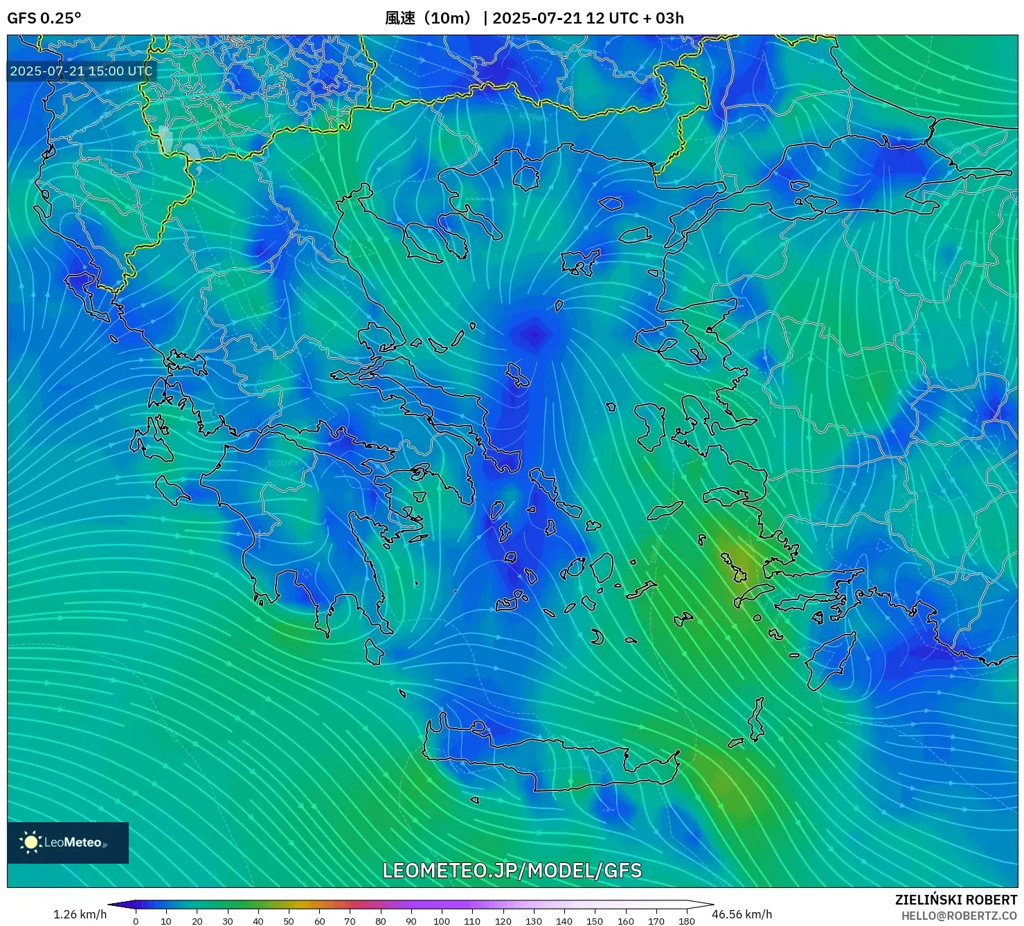 GFS model - ギリシャ, 風速(10m) GFS model - ギリシャ, 風速(10m)