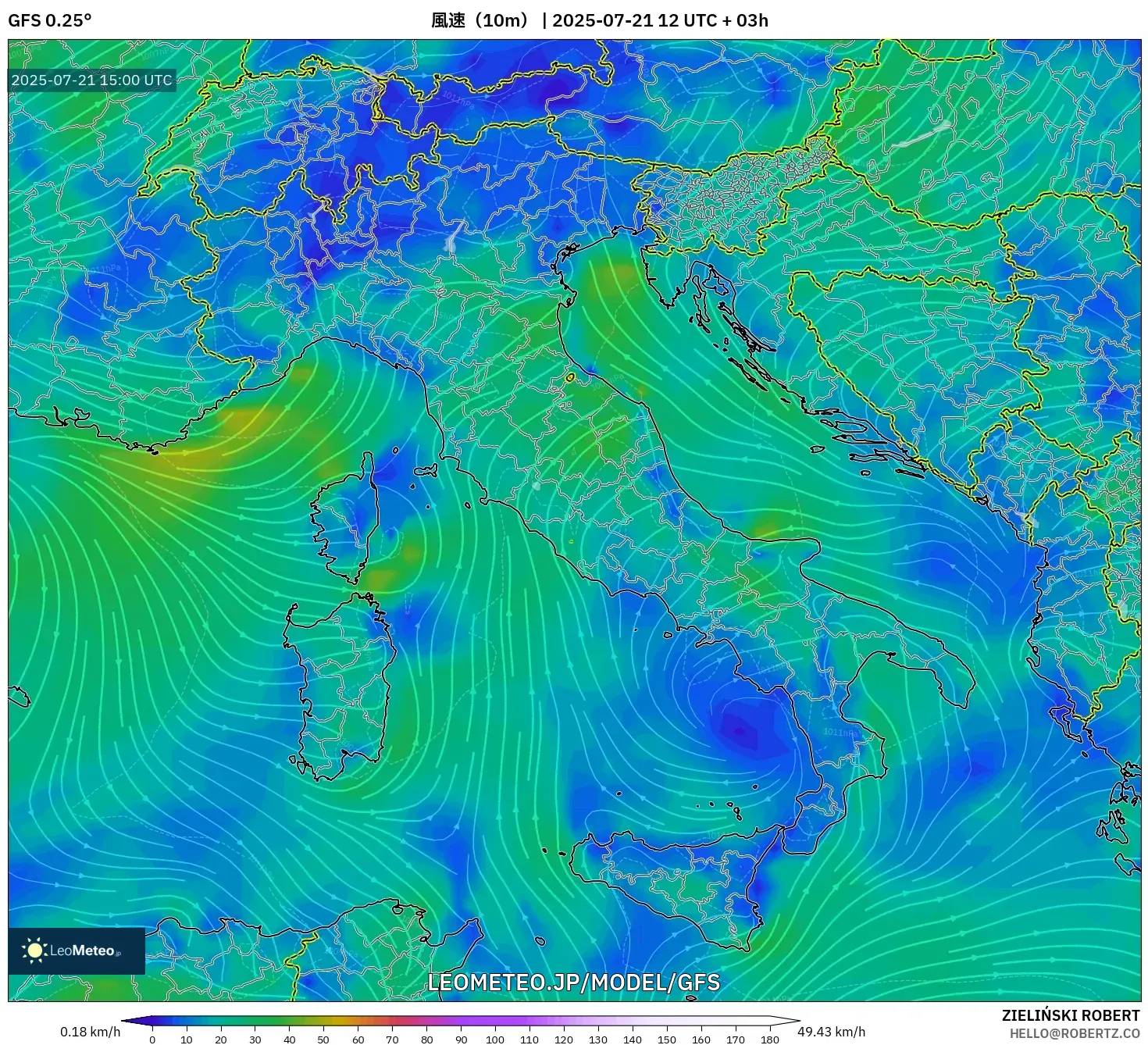 GFS model - イタリア, 風速（10m）
