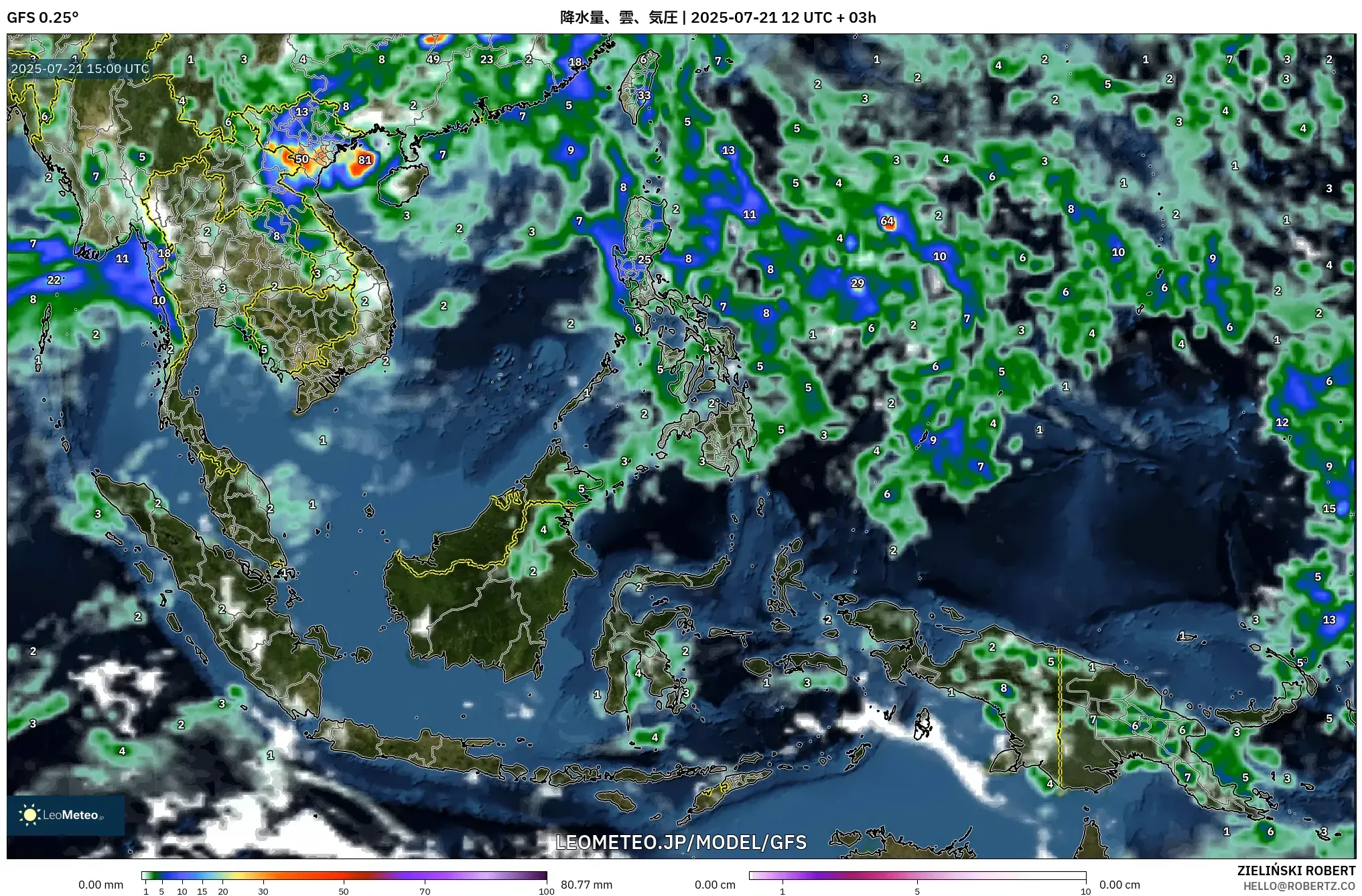 GFS model - 東南アジア, 降水量、雲、気圧 GFS model - 東南アジア, 降水量、雲、気圧
