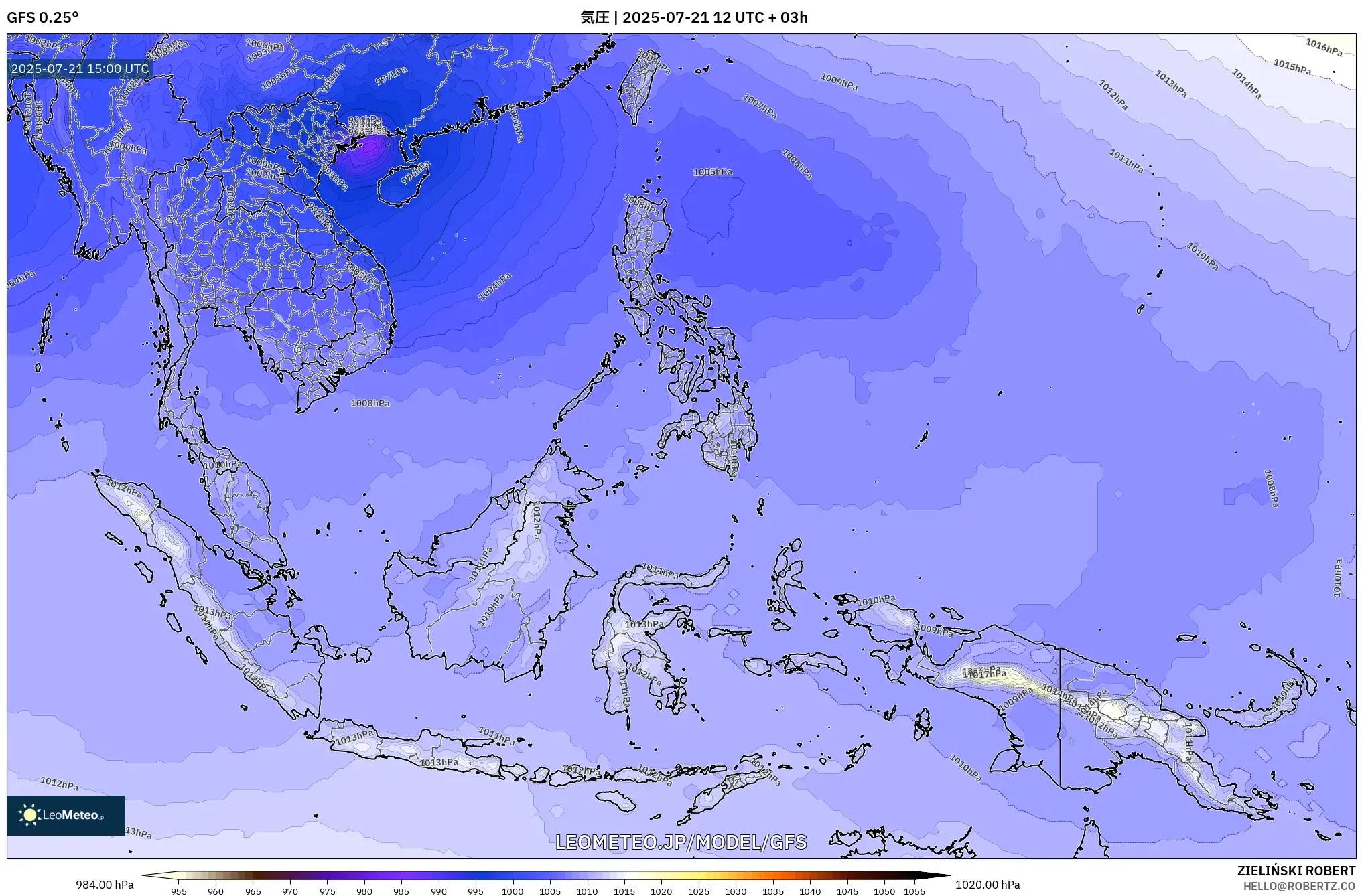 GFS model - 東南アジア, 気圧 GFS model - 東南アジア, 気圧