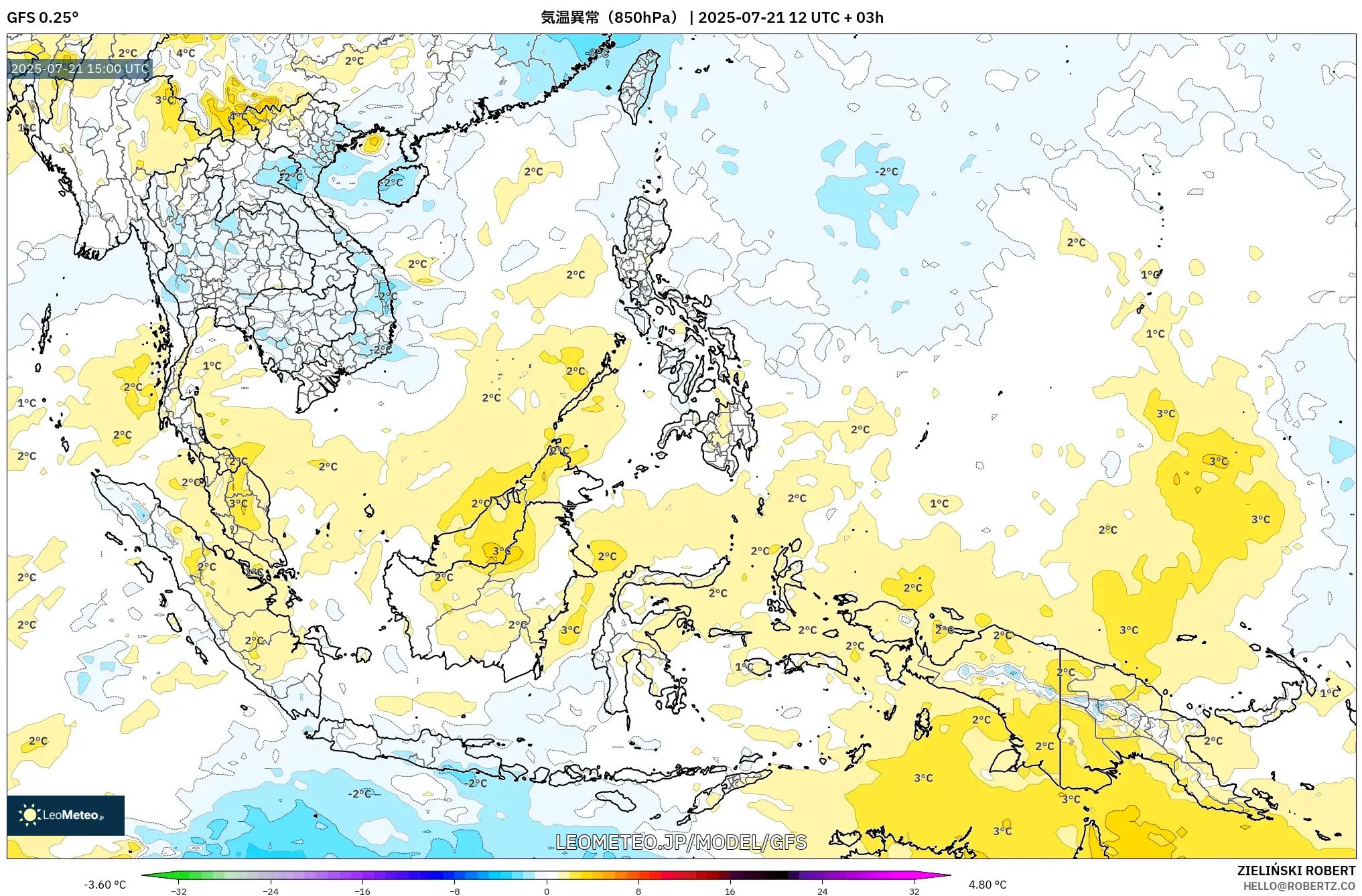 GFS model - 東南アジア, 気温異常(850hPa) GFS model - 東南アジア, 気温異常(850hPa)