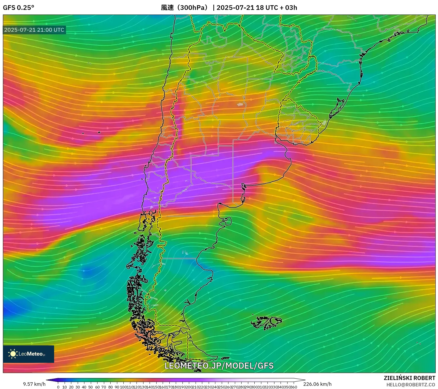 GFS model - アルゼンチン, 風速(300hPa) GFS model - アルゼンチン, 風速(300hPa)