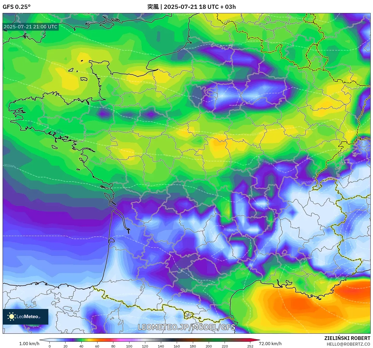 GFS model - フランス, 突風 GFS model - フランス, 突風