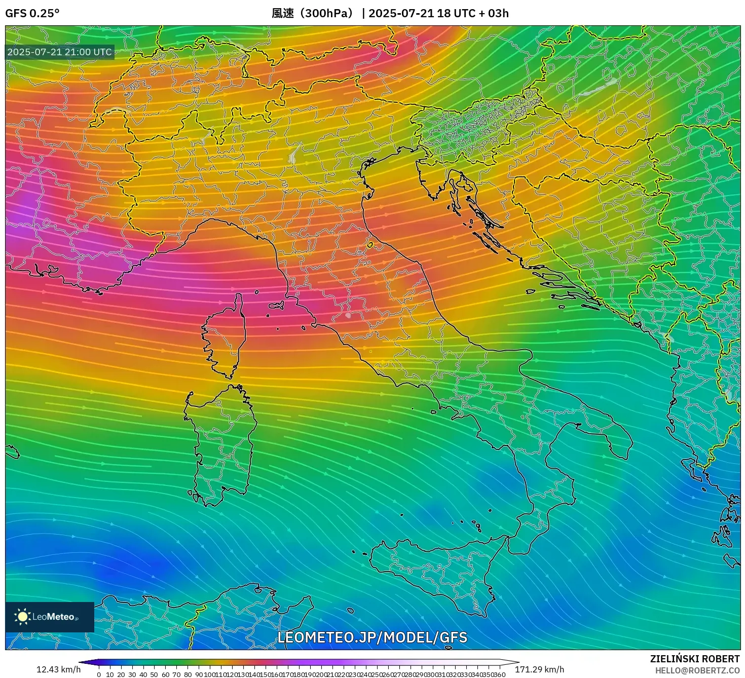 GFS model - イタリア, 風速(300hPa) GFS model - イタリア, 風速(300hPa)