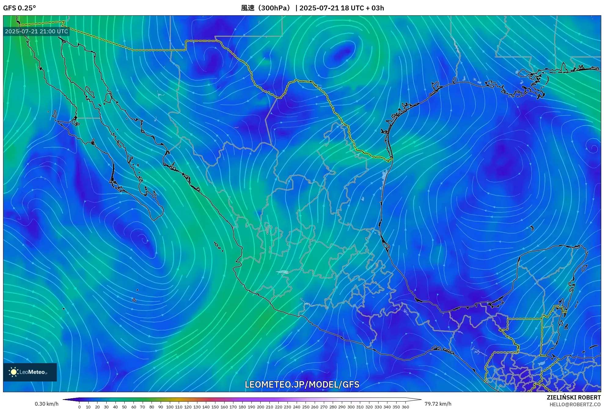 GFS model - メキシコ, 風速(300hPa) GFS model - メキシコ, 風速(300hPa)