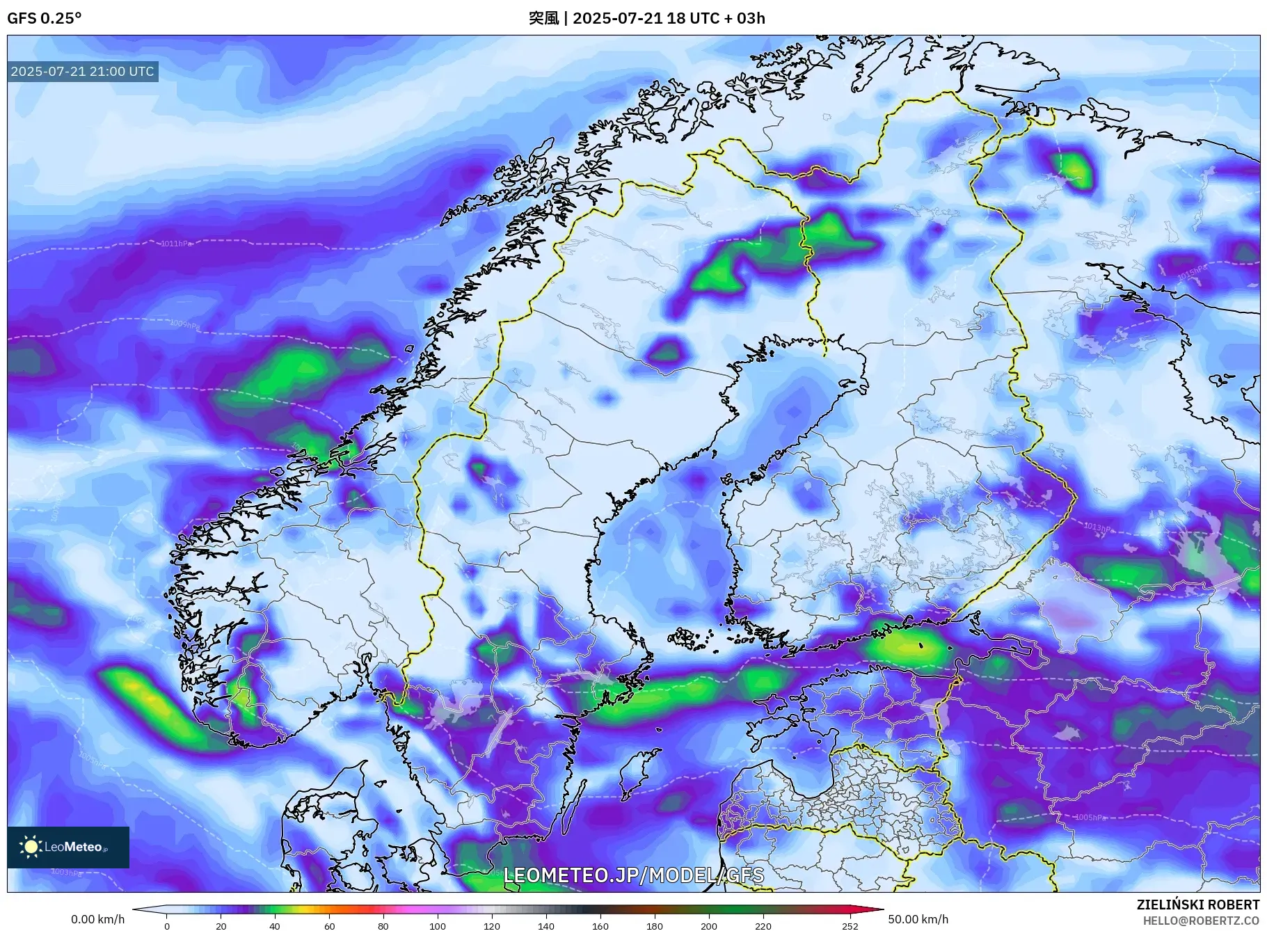 GFS model - スカンジナビア, 突風 GFS model - スカンジナビア, 突風