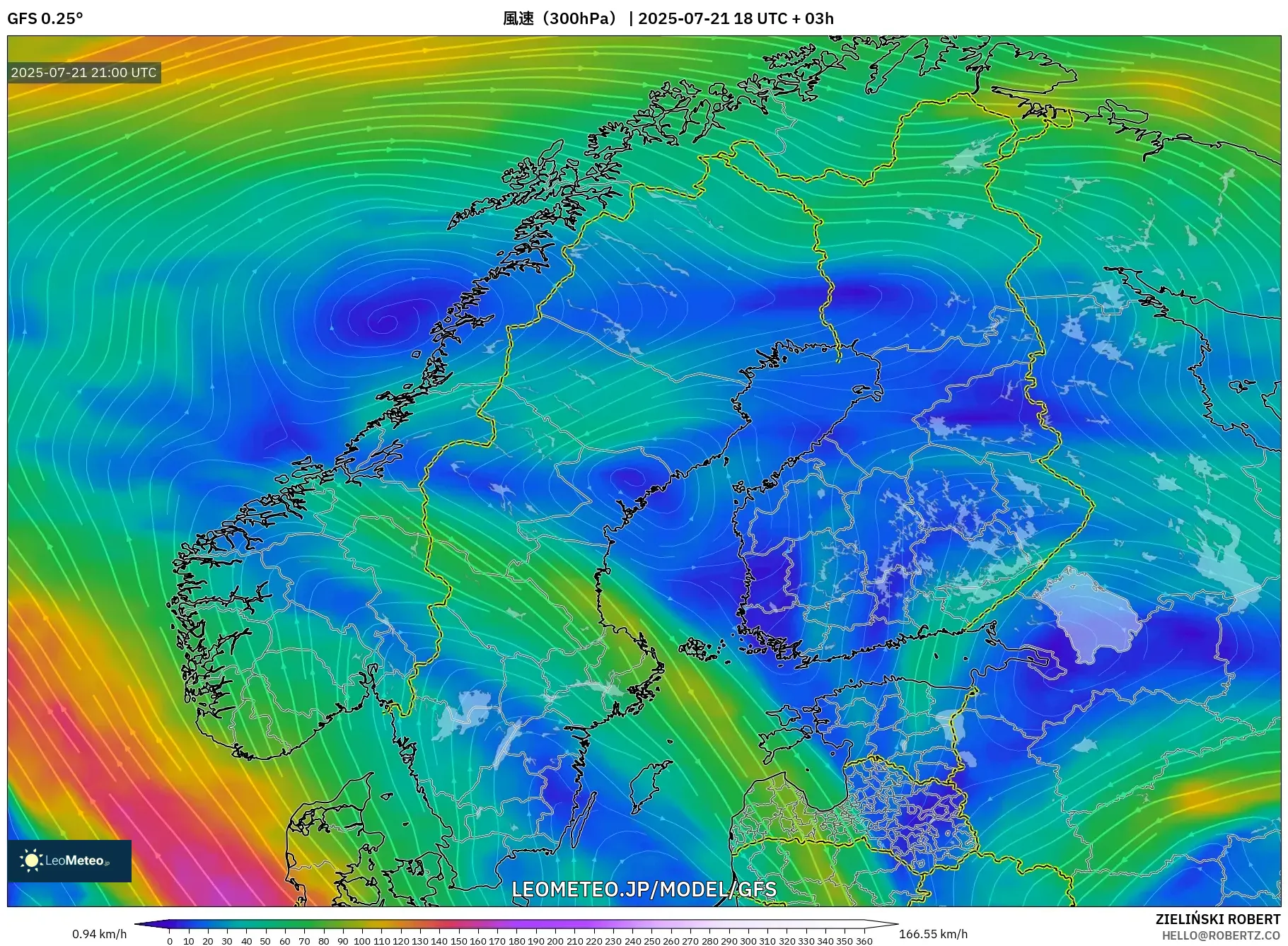 GFS model - スカンジナビア, 風速(300hPa) GFS model - スカンジナビア, 風速(300hPa)