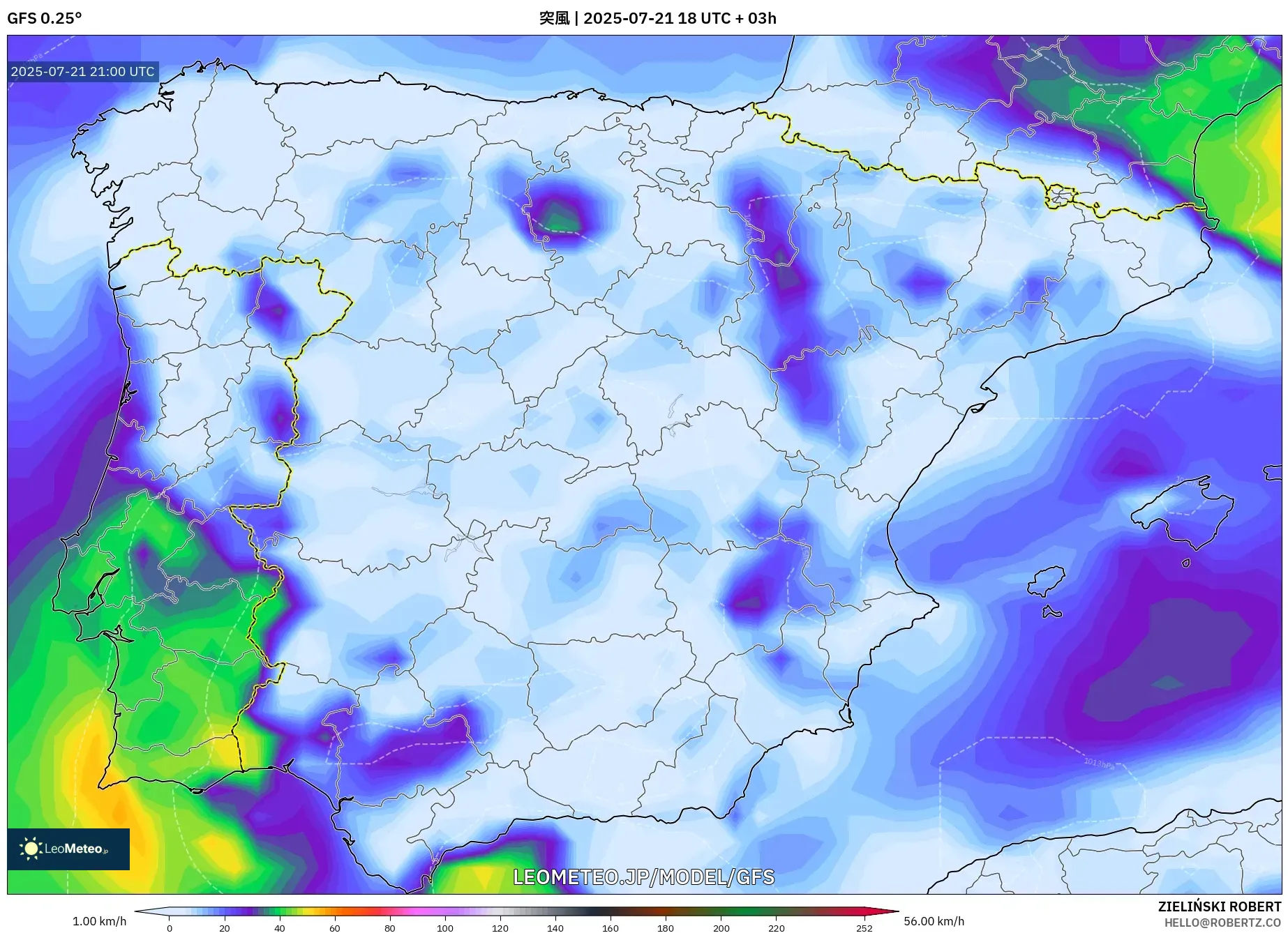 GFS model - スペイン, 突風 GFS model - スペイン, 突風