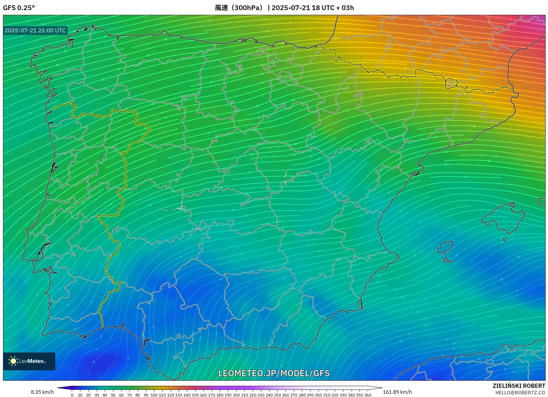 GFS model - スペイン, 風速(300hPa) GFS model - スペイン, 風速(300hPa)