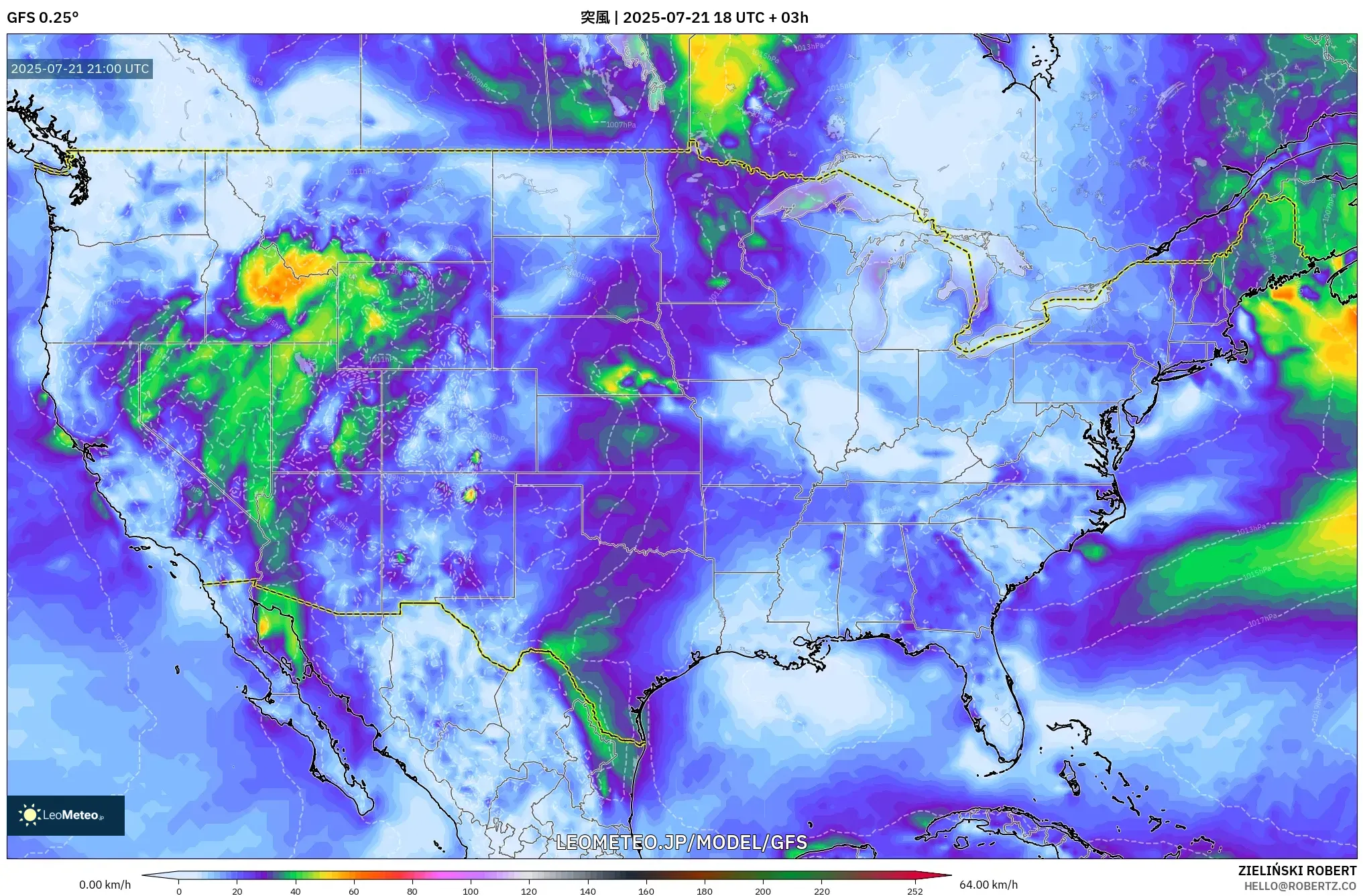 GFS model - アメリカ合衆国, 突風 GFS model - アメリカ合衆国, 突風