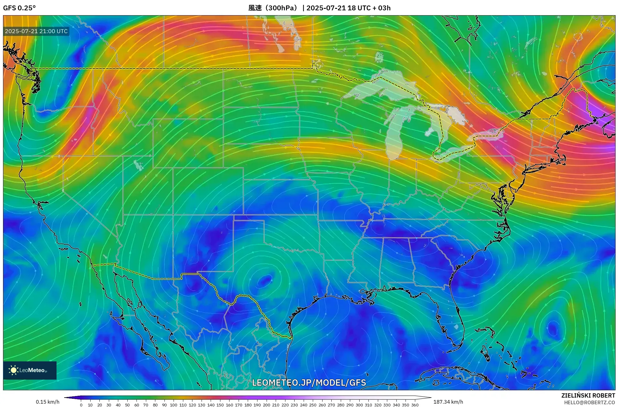 GFS model - アメリカ合衆国, 風速(300hPa) GFS model - アメリカ合衆国, 風速(300hPa)