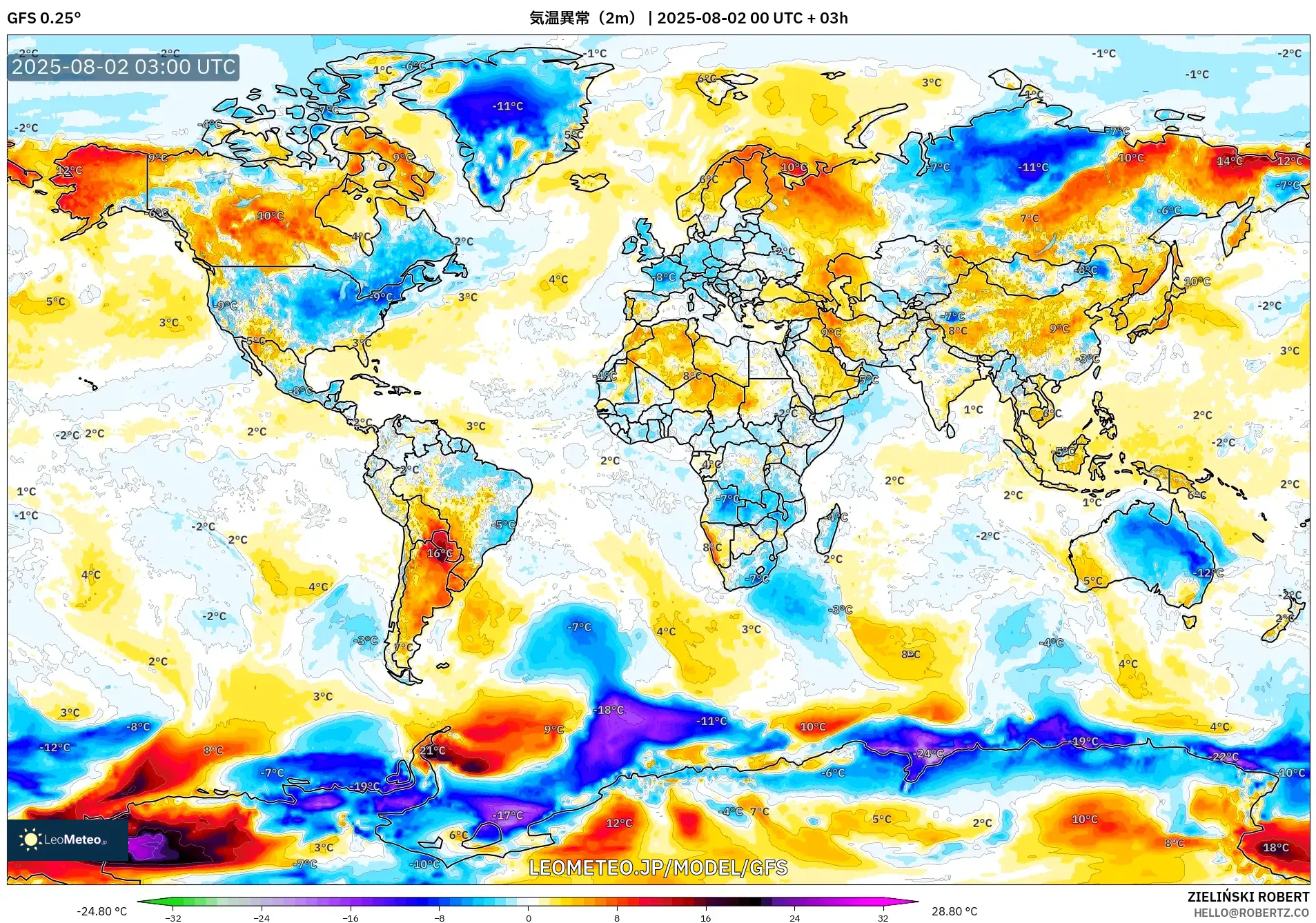 GFS model - 世界, 気温異常(2m) GFS model - 世界, 気温異常(2m)