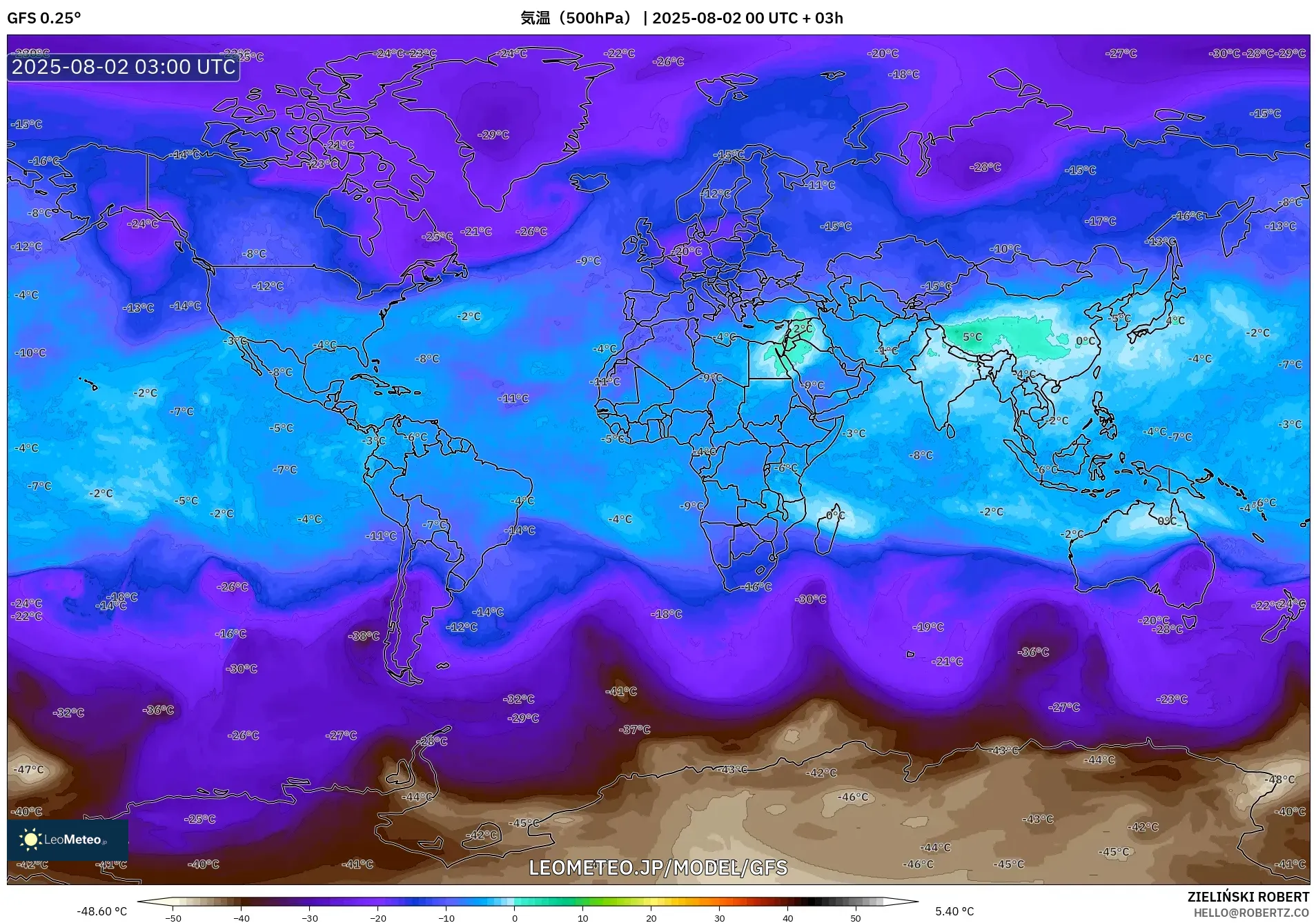 GFS model - 世界, 気温(500hPa) GFS model - 世界, 気温(500hPa)