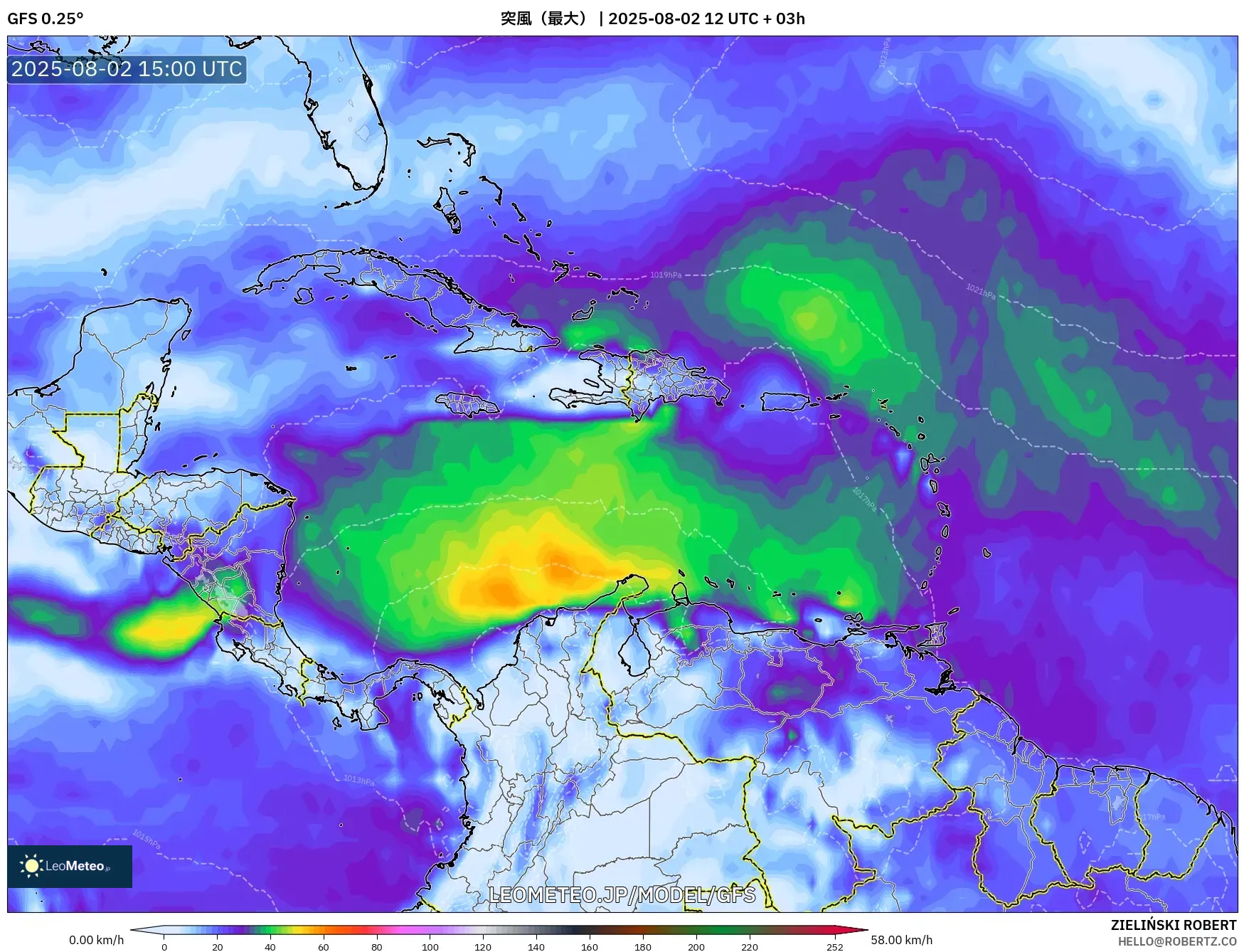 GFS model - カリブ海, 突風(最大) GFS model - カリブ海, 突風(最大)
