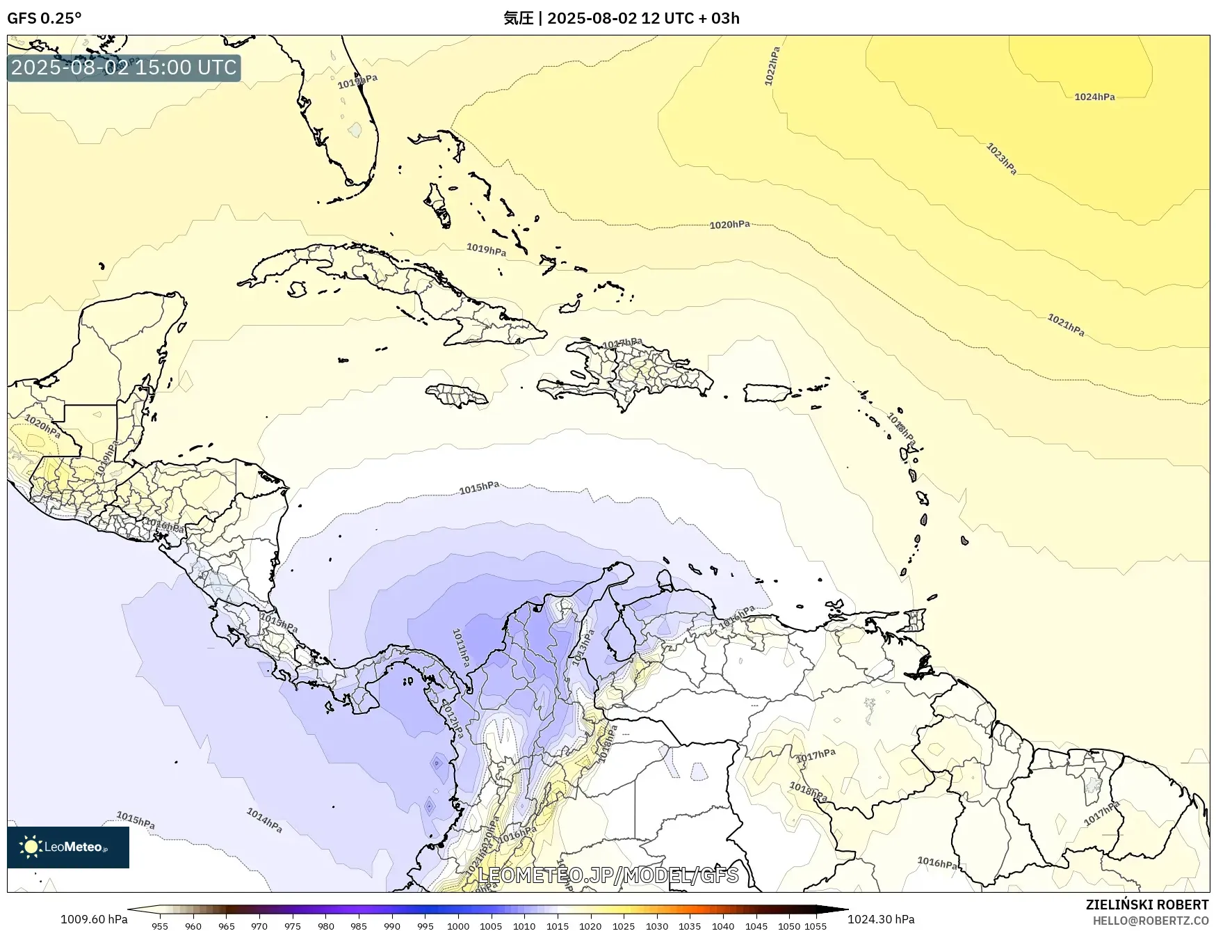 GFS model - カリブ海, 気圧 GFS model - カリブ海, 気圧