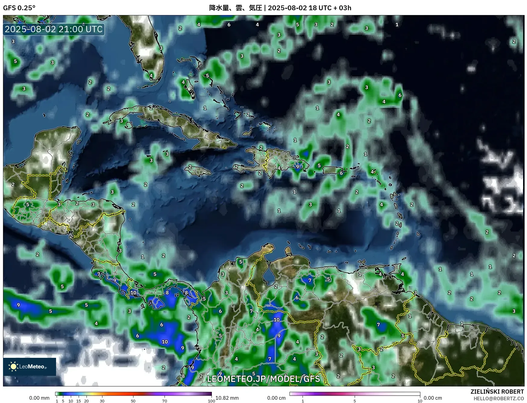 GFS model - カリブ海, 降水量、雲、気圧 GFS model - カリブ海, 降水量、雲、気圧