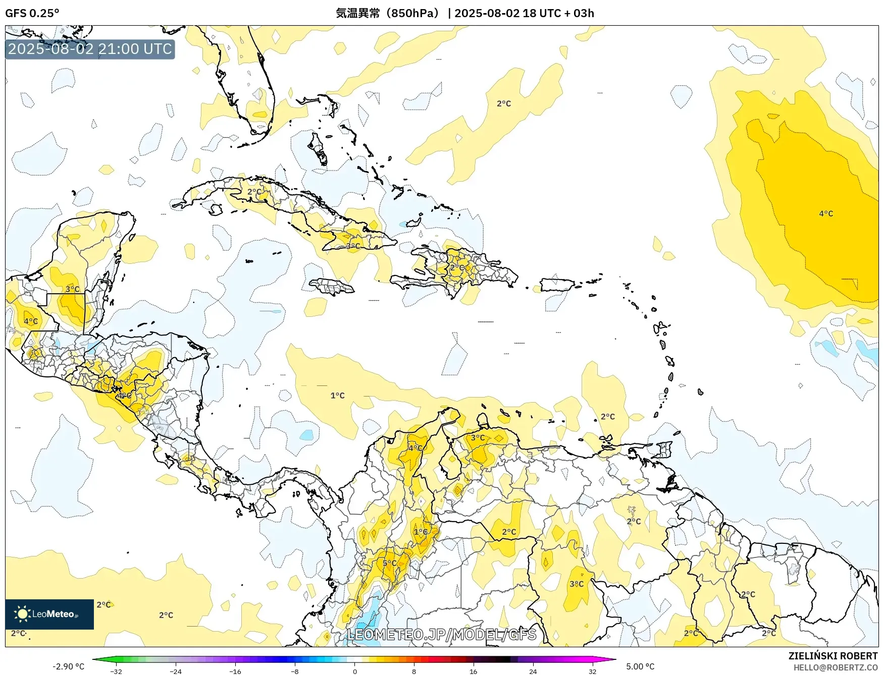 GFS model - カリブ海, 気温異常(850hPa) GFS model - カリブ海, 気温異常(850hPa)