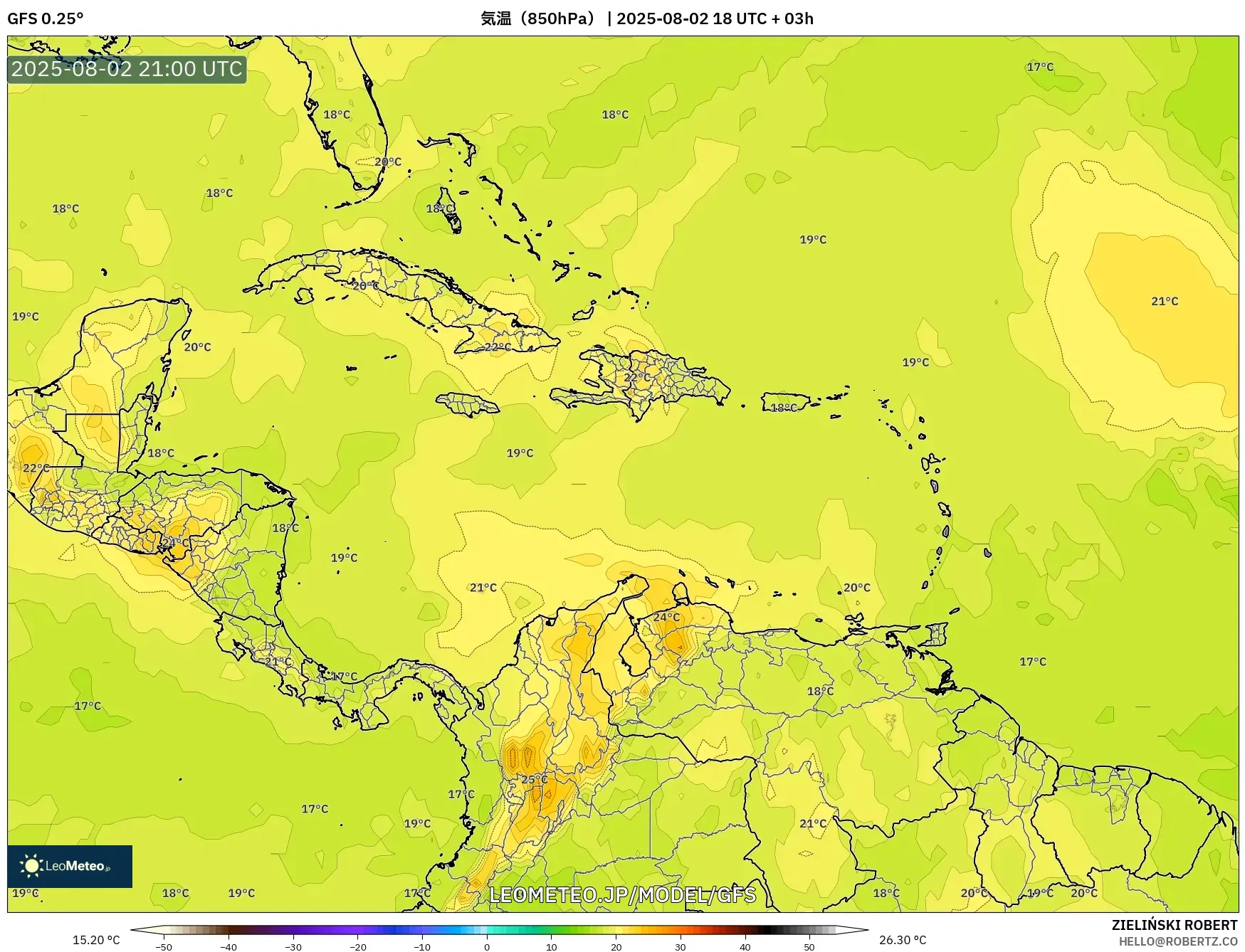 GFS model - カリブ海, 気温(850hPa) GFS model - カリブ海, 気温(850hPa)