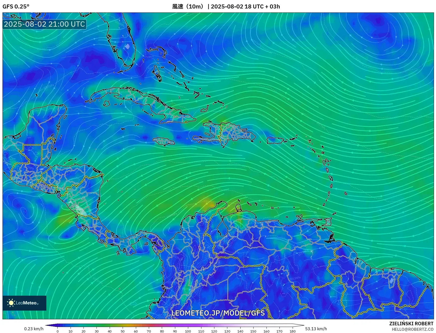 GFS model - カリブ海, 風速(10m) GFS model - カリブ海, 風速(10m)