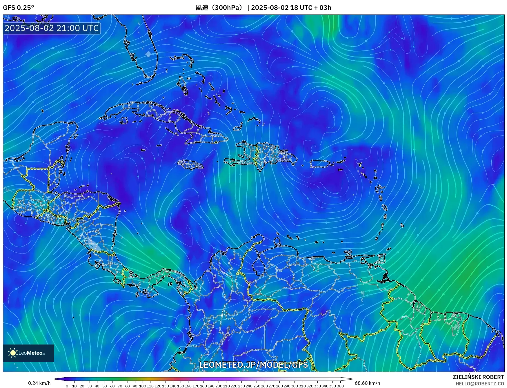 GFS model - カリブ海, 風速(300hPa) GFS model - カリブ海, 風速(300hPa)
