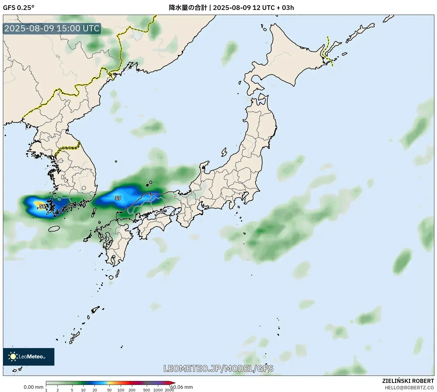 GFS model - 日本, 降水量の合計 GFS model - 日本, 降水量の合計