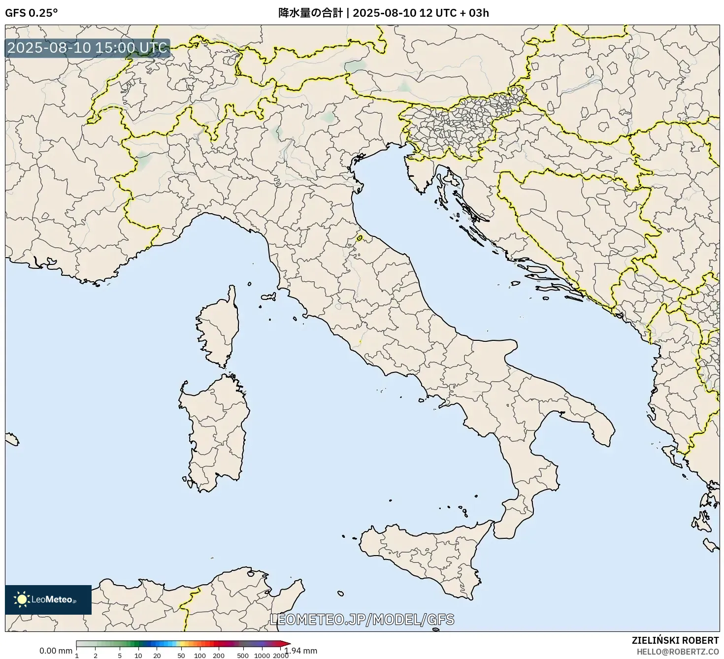 GFS model - イタリア, 降水量の合計 GFS model - イタリア, 降水量の合計
