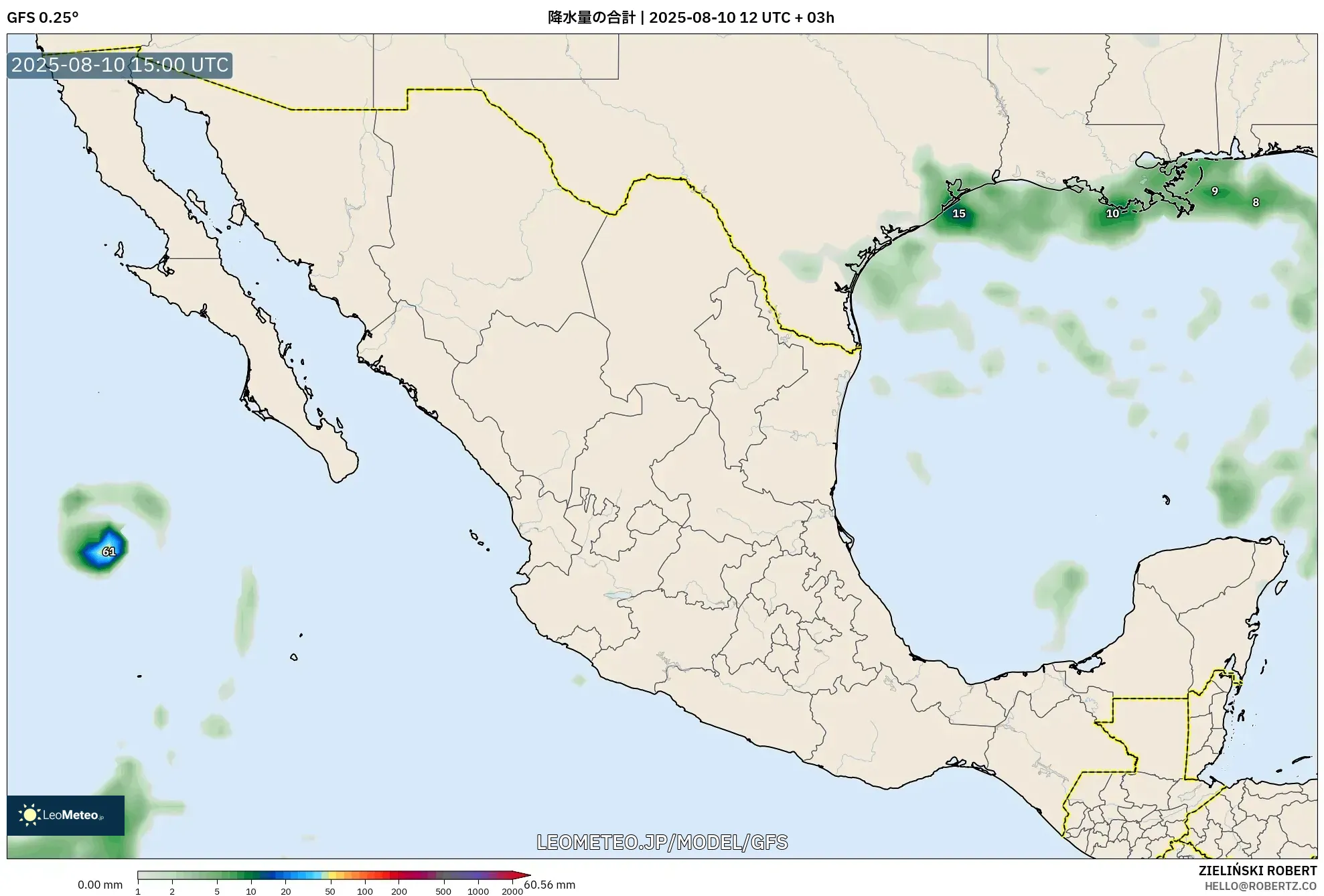GFS model - メキシコ, 降水量の合計 GFS model - メキシコ, 降水量の合計