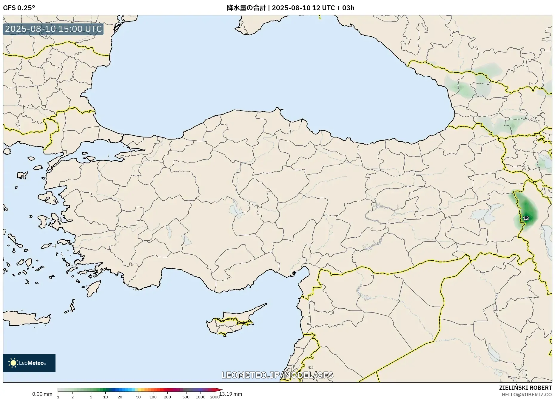 GFS model - トルコ, 降水量の合計 GFS model - トルコ, 降水量の合計