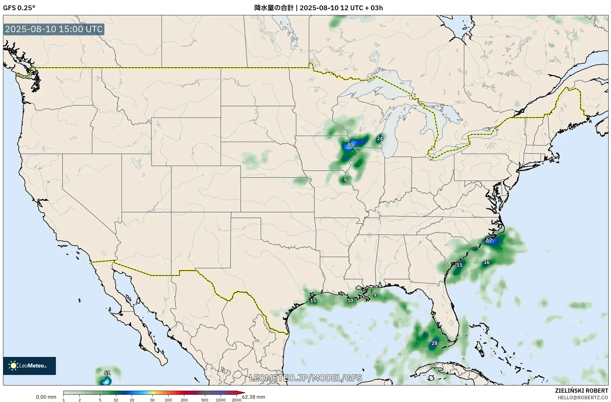 GFS model - アメリカ合衆国, 降水量の合計 GFS model - アメリカ合衆国, 降水量の合計