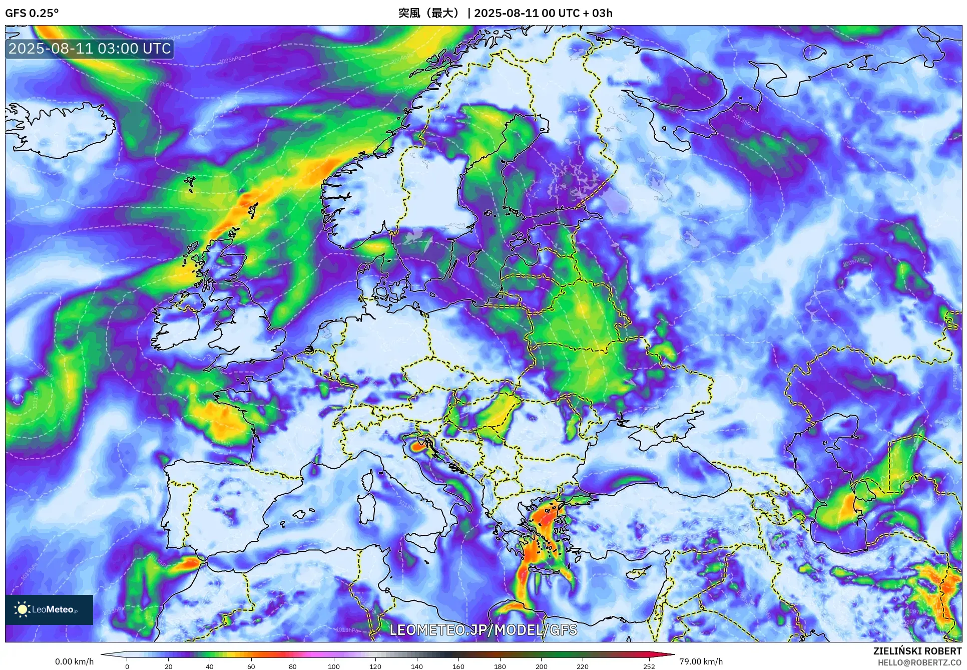 GFS model - ヨーロッパ, 突風(最大) GFS model - ヨーロッパ, 突風(最大)