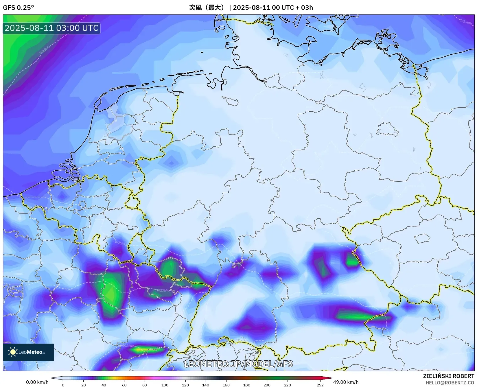 GFS model - ドイツ, 突風(最大) GFS model - ドイツ, 突風(最大)