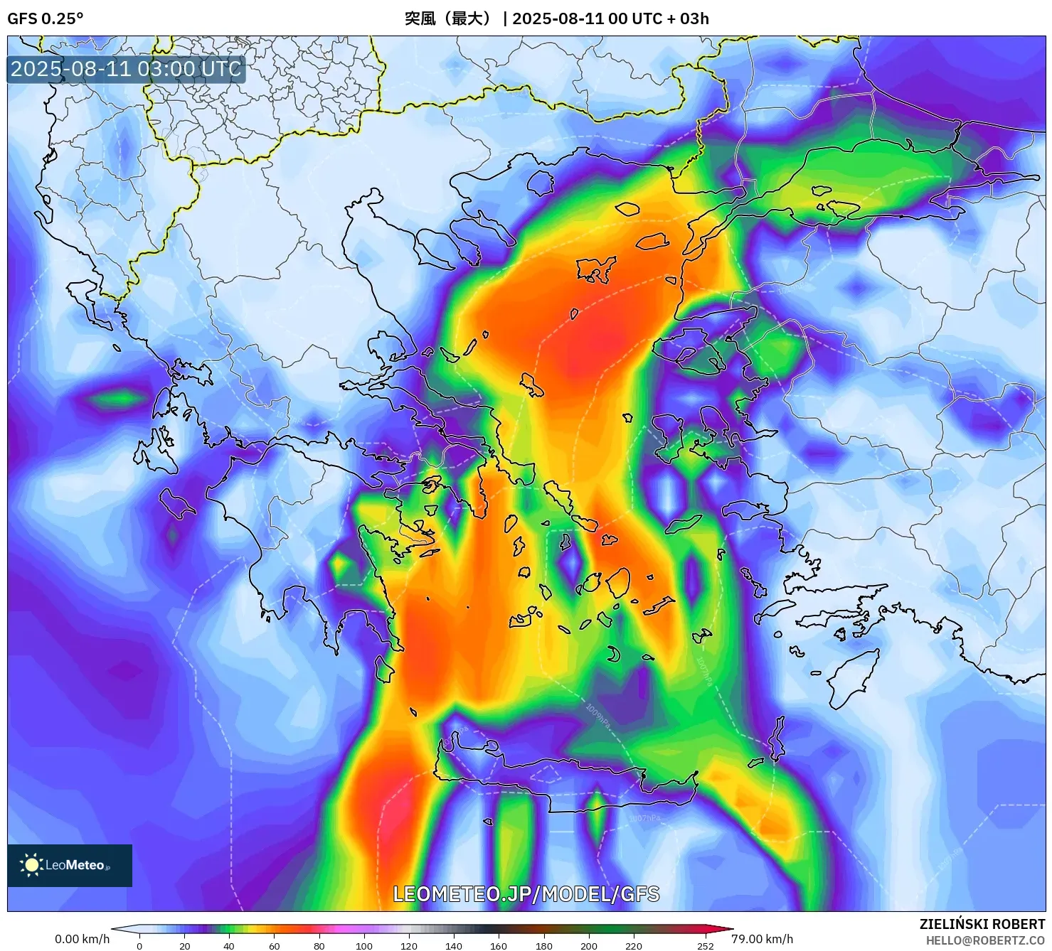 GFS model - ギリシャ, 突風(最大) GFS model - ギリシャ, 突風(最大)