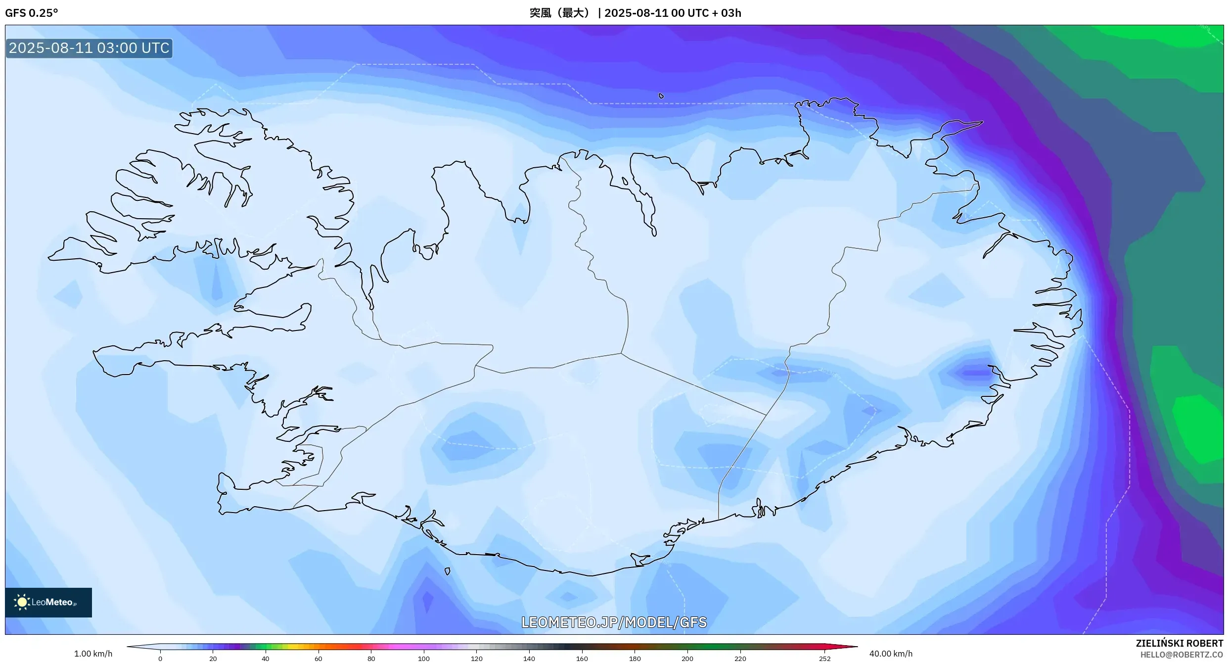 GFS model - アイスランド, 突風（最大）