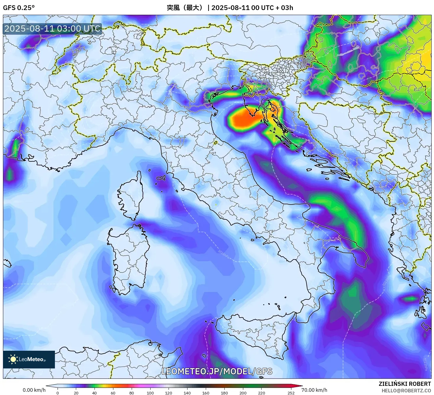 GFS model - イタリア, 突風（最大）