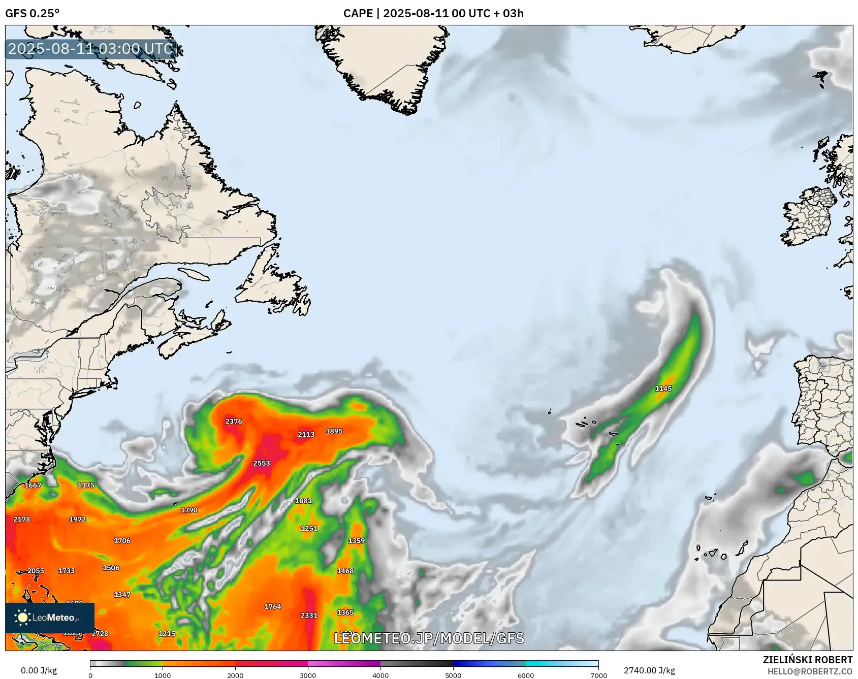GFS model - 北大西洋, CAPE