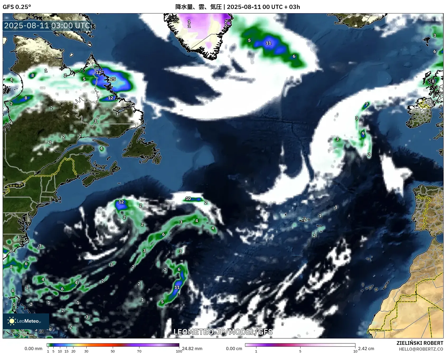 GFS model - 北大西洋, 降水量、雲、気圧