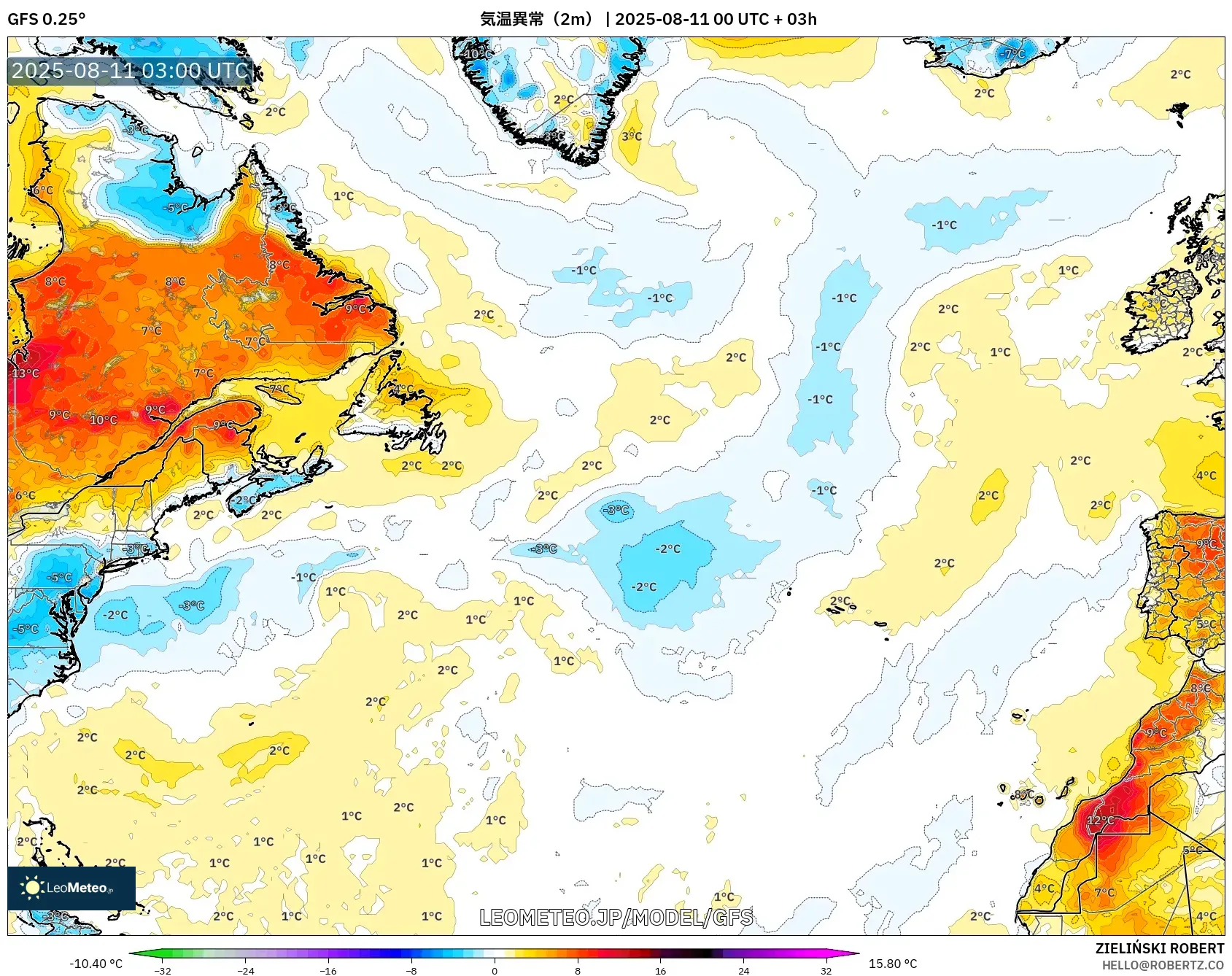 GFS model - 北大西洋, 気温異常(2m) GFS model - 北大西洋, 気温異常(2m)