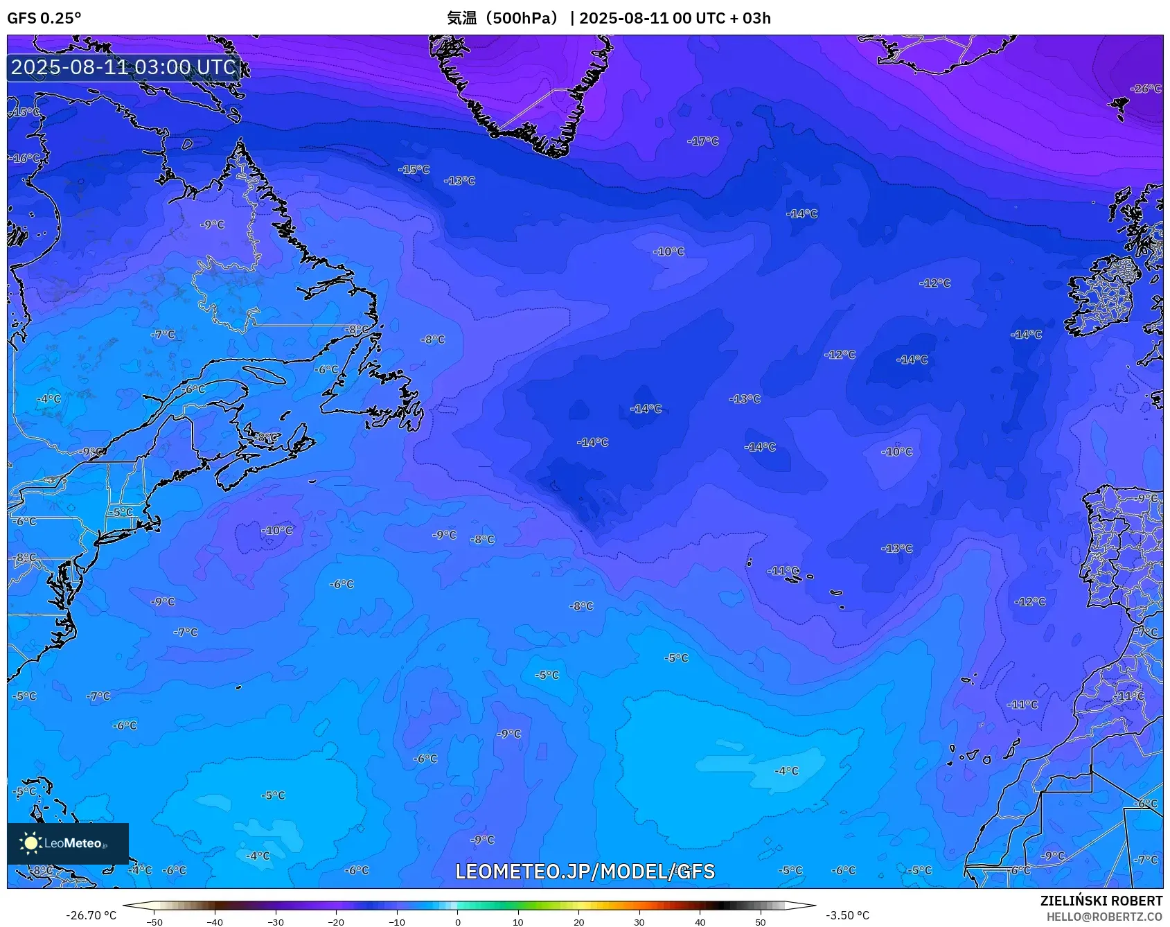 GFS model - 北大西洋, 気温（500hPa）