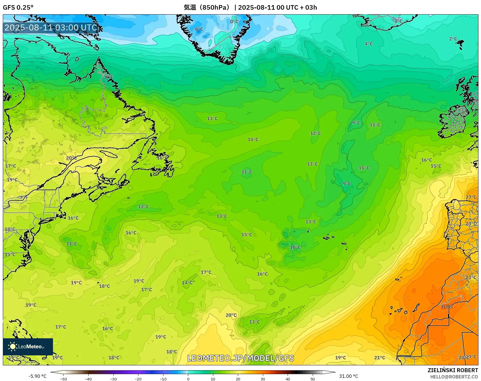 GFS model - 北大西洋, 気温（850hPa）